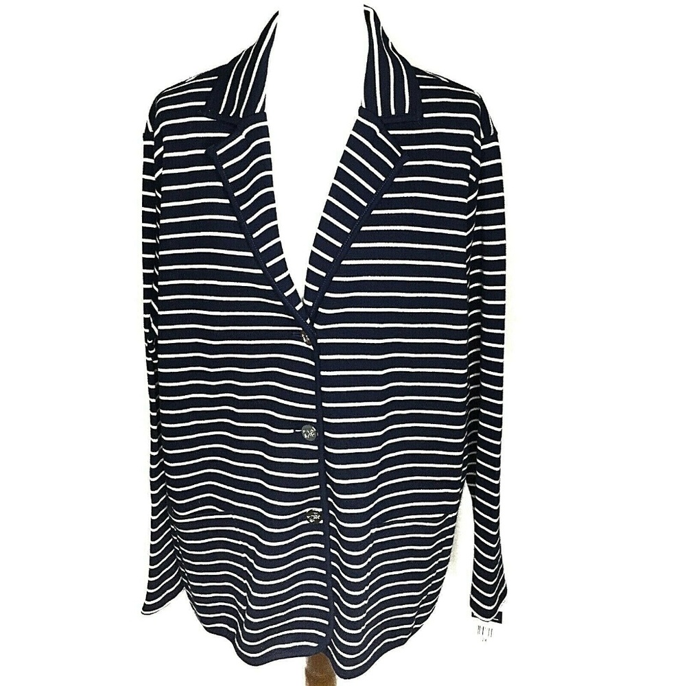Chaps Button Front Knit Blazer Plus Size 2X Blue White Striped